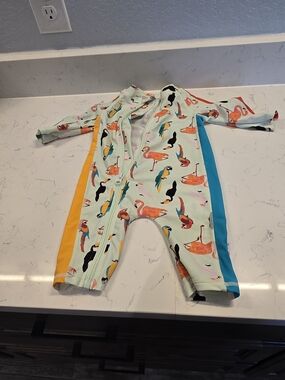 Mint Flamingo & Parrot One-Piece Footie Swimsuit with Yellow and Blue Panels